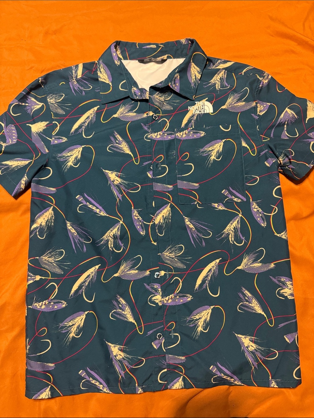 The North Face Teal Short-Sleeve Button-Down Shirt with Fishing Lure Print